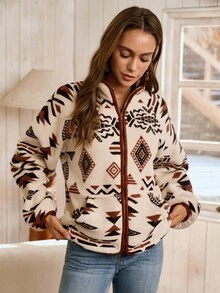 Chaqueta regular de mujer LanaWest con estampado, ribete de contraste, casual, albaricoque