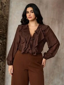 Roveilla Plus Size Women's French Romantic Sicily Elegant Casual Commute Vacation Afternoon Tea Party Solid Color V-Neck Double Ruffle Trim Open Front Long Sleeve Blouse Brown Blouses Coffee Brown Top Ruffle Blouse Chocolate Brown Top Brown Shirts For Women