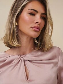 COSMINA Women's Elegant Twist Satin Long Sleeve Hollow Out Collar Blouse, Early Autumn - Pink - View 6