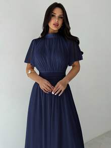 Firerie Women's Elegant Romantic Elegant Daily Commute Beach Vacation Stand Collar Pleated High Waist A-Line Flare Sleeve White Dress