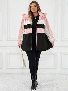 SHEIN CURVE+ Plus Size Multi-Color Patchwork Thermal Lined Hooded Padded Coat For Women In Fall/Winter - Multicolor - View 6