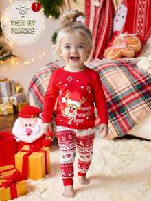 SHEIN 2pcs Girls Christmas Reindeer Pajama Set, Snug Fit Soft & Skin-Friendly Round Neck Long Sleeve Top And Long Pants, Cute Holiday Sleepwear, Christmas & New Year Gift Recommendation Snug Fit Family Christmas Matching Pajamas Set - Red - View 4