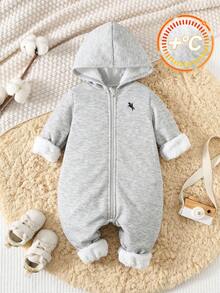 SHEIN 男婴/女婴拉绒加厚插肩袖动物印花宽松连帽拉链连体衣，适合冬季 - 淺灰色 - 查看 3