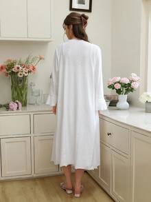 Snug Reverie Frill Trim Ruched Front Cami Dress & Robe PJ Set / Pajama Set White Set Cozy And Elegant Details, Fall Winter Clothes - White - View 2