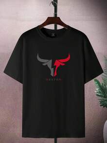 Manfinity Homme Plus Size Men's Bull Head Graphic Round Neck Short Sleeve T-Shirt, Summer