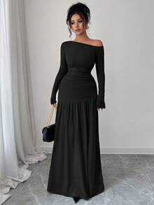 Elenzga 2 件套春秋返校新款棕色弹力条纹宽松斜肩褶长袖 T 恤 + 高腰褶皱喇叭裙，修身女装 - 黑色 - 查看 5