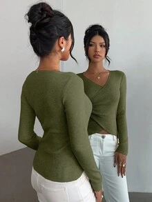 Elenzga 女士优雅合身交叉裹身元素简约经典罗纹纹理纯色毛衣 - 軍綠色 - 查看 2