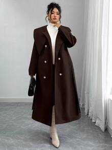 Elenzga Plus Size Women's Solid Color Tie Waist Double-Breasted Long Sleeve Elegant Romantic Long Overcoat, Winter - Brown - View 5