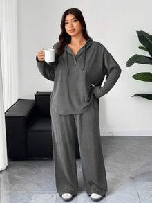 Dazy Plus 2件套纯色宽松连帽衫和裤子休闲时尚大码女装家居服套装 - 深灰色 - 查看 4