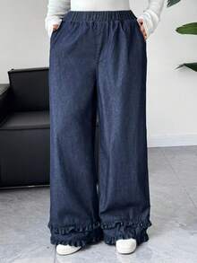 Dazy Plus 大码女式宽松直筒牛仔裤，松紧腰，荷叶边，休闲，深水洗蓝色，四季皆宜