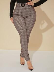 SHEIN SXY Quần âu ôm vừa vặn họa tiết răng sói màu nâu cỡ lớn dành cho nữ, mùa thu - màu nâu - Xem 1
