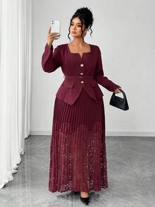 SHEIN Elenzya 2 pièces Blazer veste à manches longues avec col carré, boutons métalliques et ceinture pour femmes grandes tailles, et jupe longue plissée avec patchwork en dentelle, convient pour le travail et les occasions