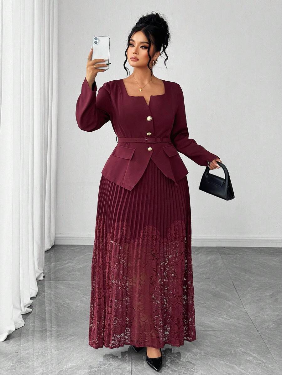 SHEIN Elenzya 2 pièces Blazer veste à manches longues avec col carré, boutons métalliques et ceinture pour femmes grandes tailles, et jupe longue plissée avec patchwork en dentelle, convient pour le travail et les occasions