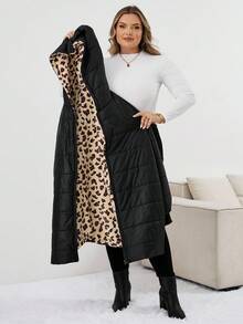 SHEIN CURVE+ 弧形加大码女式豹纹内衬保暖休闲宽松连帽外套，带口袋，防寒保暖，适合冬季外出、Theraml、女士冬装 - 彩色 - 查看 3