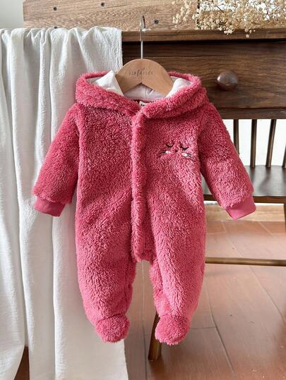 SHEIN Vintaside Kids 新生儿简约时尚可爱刺绣长袖连帽连体睡衣