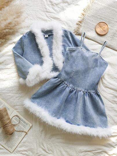 Vintaside Kids 女童牛仔两件套，毛绒装饰，柔软牛仔面料，适合春、秋、冬三季穿着，时尚休闲牛仔外套和牛仔连衣裙套装