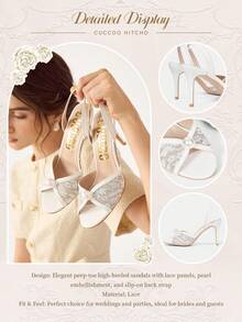 CUCCOO HITCHD Giày sandal cao gót mũi tròn buộc dây và đính ngọc trai giả dành cho nữ, thích hợp cho kỳ nghỉ xuân, lễ Phục sinh, dạ hội và Giáng sinh. - trắng - Xem 12