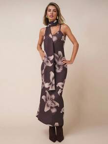 COSMINA Robe élégante à fleurs imprimées avec col ras-du-cou et maille pour femmes, toutes saisons - Multicolore - Voir 3