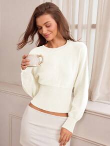 Hanevo Casual Round Neck Drawstring Waist Slim Fit Solid Color Knit Sweater, Versatile For Autumn/Winter - White - View 4