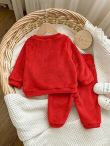 Completo da bambina con top a maniche lunghe con motivo carino e morbido e pantaloni a vita elastica, outfit rosso autunnale/invernale, abbigliamento invernale per bambine, set da 2 pezzi, abbigliamento invernale in pile - Rosso - Visualizzare 10