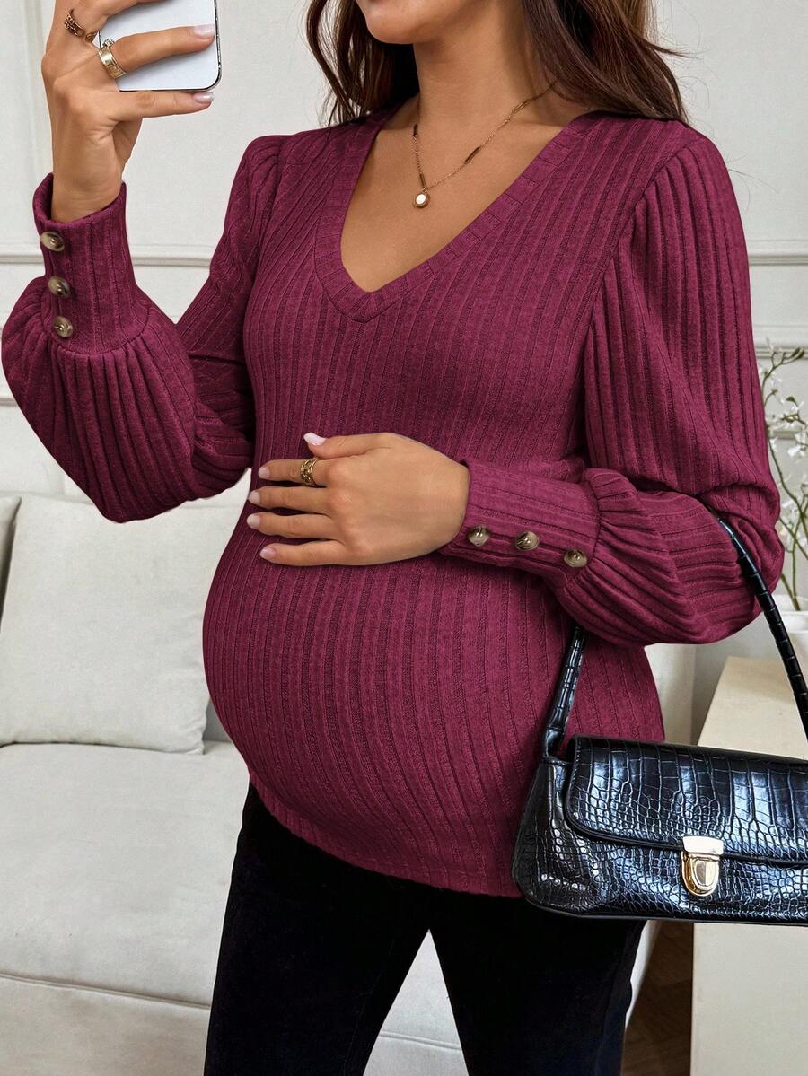 SHEIN Maternity Solid Color V-Neck Bubble Sleeve Ribbed Fitted T-Shirt Fall - Burgundy - View 1