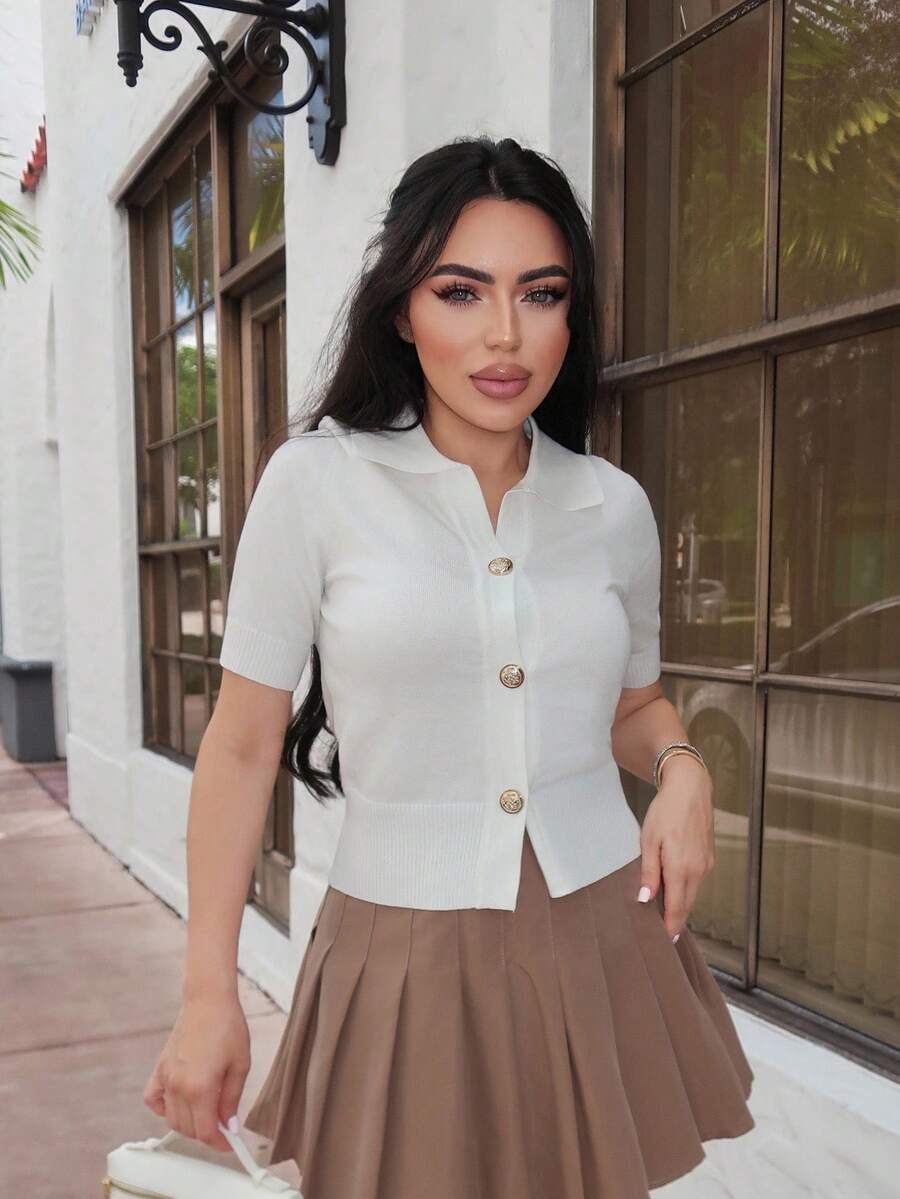Durrani Popal New Korean-Style Casual & Commute Versatile Polo Collar Knitted Blouse For Women, Summer - White - View 1