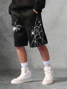 SUMWON 万圣节蜘蛛网印花抽绳羊毛短裤怪异秋季系列及膝长裤节日哥特式街头服饰 - 黑色 - 查看 4