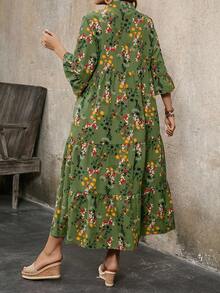 EMERY ROSE Vintage Floral Print Ruffle Sleeve Plus Size Maxi Dress, Spring/Summer Women Dress Fall - Green - View 2