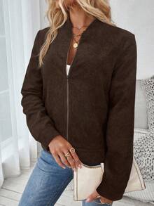 SHEIN LUNE 女式罗纹拉链长袖夹克，秋冬 - 棕色 - 查看 5