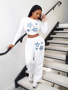 Alexandranx Nuevos pantalones rectos casuales y deportivos básicos de calle con cordón elástico, con estampado de estrella blanca, pantalones de chándal para mujer - Blanco - Ver 6