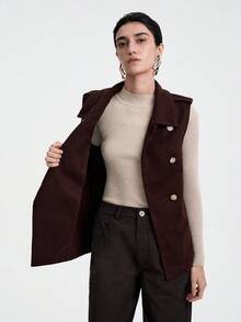 SHEIN Stylify 女士优雅纯色无袖背心外套，适合通勤 - 棕色 - 查看 7