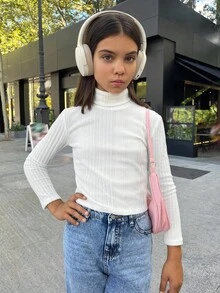 SHEIN 青少年女孩罗纹针织高领套头 T 恤，厚实保暖，百搭，适合秋冬日常穿着 - 白色 - 查看 3