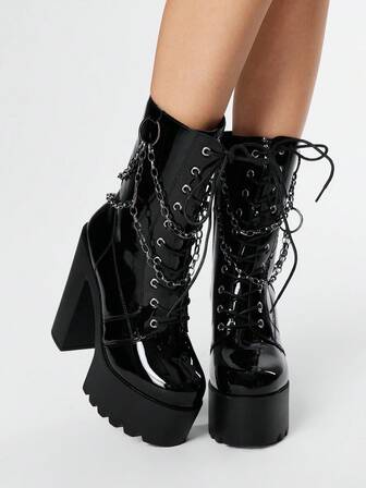 Goth Women's Sexy Nightclub High Heel Boots, Gothic Metal Round Chain Decor Punk Style Lace-Up Side Zipper Round Toe Boots - Comfortable Thick Waterproof Platform Chunky Heel Motorcycle Mid-Calf Boots