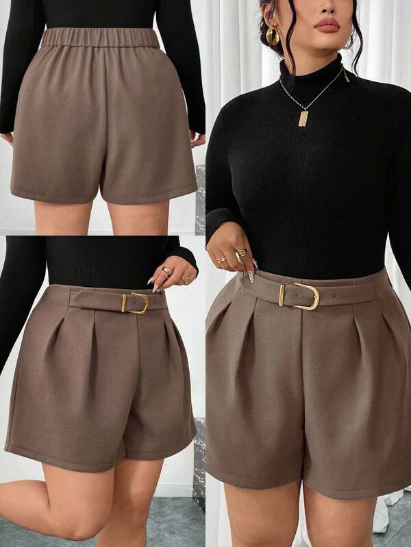 Firerie Plus Size Women Casual Elegant Vacation Versatile All-Match Wool Blend Ruched Metal Decor Button Brown Shorts, Autumn/Winter Brown Short For Women