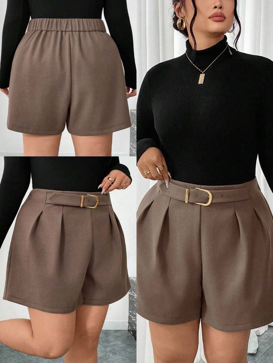 Firerie Plus Size Women Casual Elegant Vacation Versatile All-Match Ruched Metal Decor Button Brown Shorts, Autumn/Winter Brown Short For Women - Brown - View 1