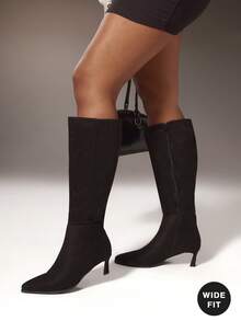 SHUZIA Wide Calf Women's 2.25" Slanted Kitten Heel & Pointed Toe Fabric Suede Black Sleek Knee-High Boots– Designer-Inspired Elegance That Elevates Any Outfit With A Sophisticated, Chic Touch