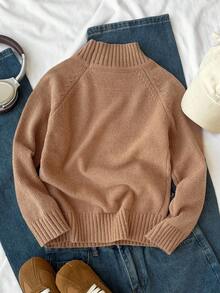 SHEIN Suéter de cuello redondo oversize para niñas, todo a juego en azul, de tela suave, versátil para otoño/invierno - Camel - Ver 2