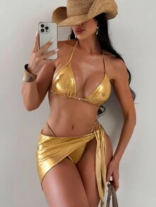 Swim SXY Set bikini da donna con collo a canottiera, texture metallica monocolore, con laccio avvolgente, set bikini sexy con gonna copri-costume, spiaggia estiva