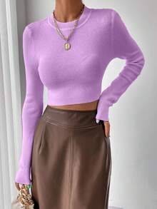 Rafferiza Casual Solid Color Fitted Cropped Sweater, Autumn - Mauve Purple - View 3