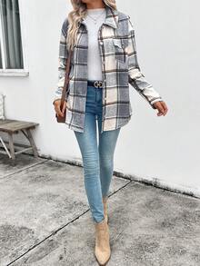 EMERY ROSE Women's Plaid Single-Breasted Casual Fleece Jacket, Autumn/Winter - Grey - View 4