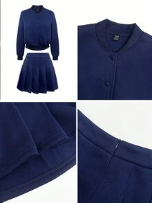 Franclia Women's Navy Blue Casual Stand Collar Long Sleeve Button Front Jacket & Pleated Midi Skirt 2 Pieces Set, Collegiate Style, Commuter Outfit, Autumn - Navy Blue - View 6