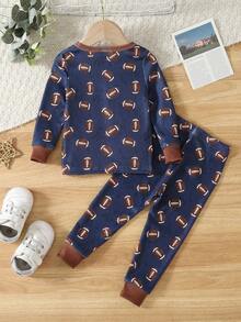 2pcs Toddler Boys' Football All-Over Print Long Sleeve Top And Pants Snug Fit Pajama Set