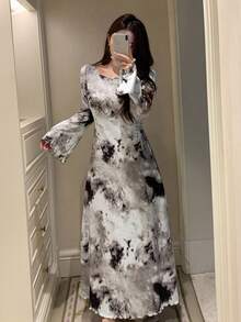 DAZY ثوب نوم طويل للنساء مع خصر مربوط بنمط صبغ التعادل للموسم الخريفي