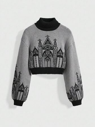 Goth Maglione da donna con collo alto, maniche a lanterna e motivo a croce del castello, stile gotico e dark per Ognissanti