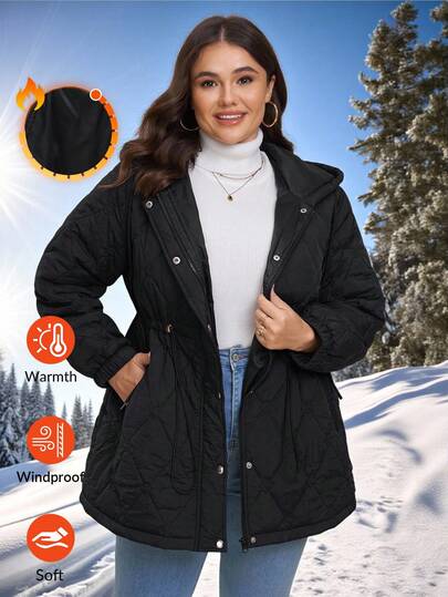 Comfylo Plus Size Women Hooded Drawstring Waist Zip-Up Padded Coat, Autumn Winter Fall For Women Women's Winter Winter Going Out Tops Going Out Female Country Look Zip Up Hooded For Women Black Coat Hooded Zip-Up Zip-Up All For Women Winter For Women Women's Winter Coat Black Top Winter Women's Winter Coat Thanksgiving For Women Black Tops