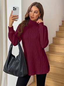 Easowa 女士经典长袖 T 恤，纹理针织高领衫，舒适百搭，适合休闲、派对和所有季节 - 酒紅色 - 查看 4