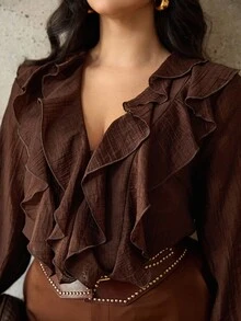 Roveilla Plus Size Women's French Romantic Sicily Elegant Casual Commute Vacation Afternoon Tea Party Solid Color V-Neck Double Ruffle Trim Open Front Long Sleeve Blouse Brown Blouses Coffee Brown Top Ruffle Blouse Chocolate Brown Top Brown Shirts For Women