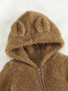 SHEIN Newborn Baby Boy 3D Ear Design Hooded Zipper Flannel Sleep Jumpsuit - Khaki - View 4