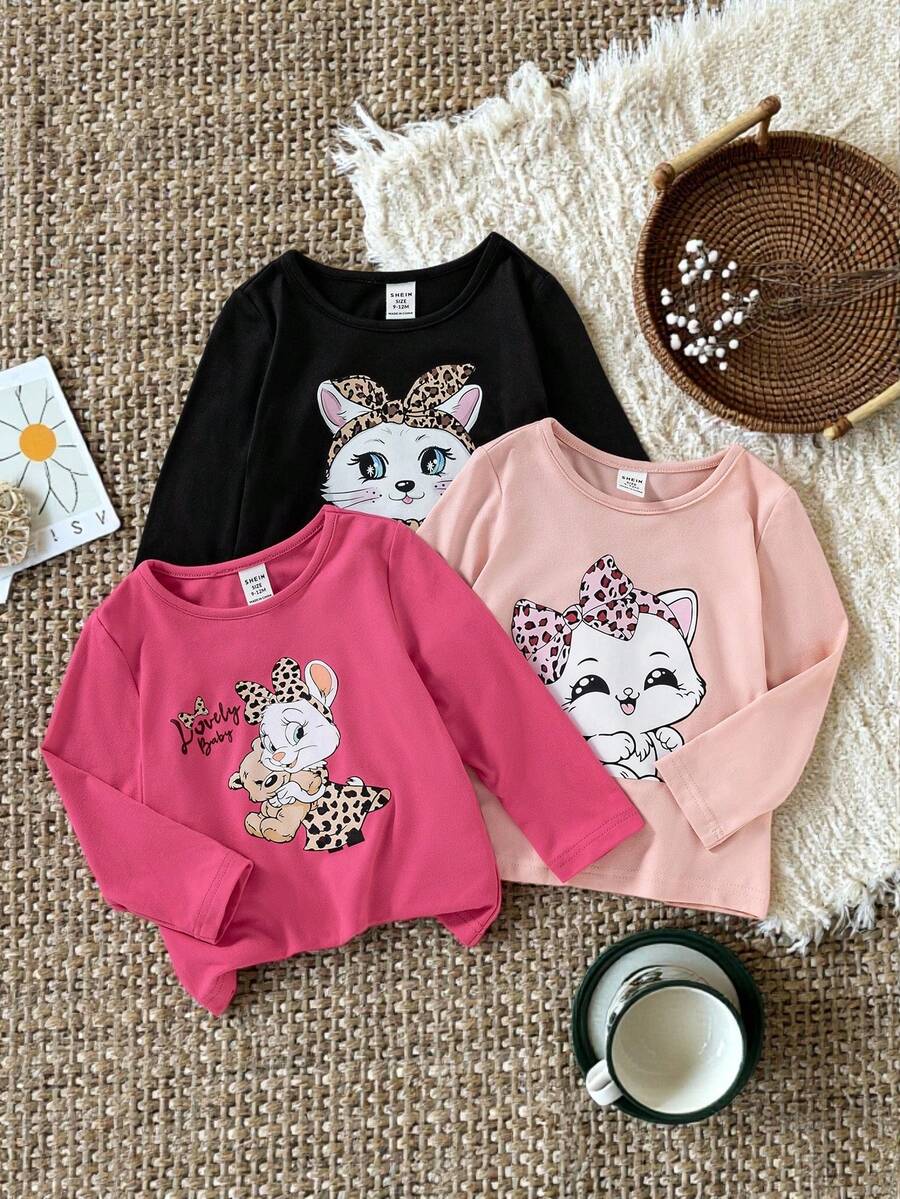 SHEIN 3pcs Girls Letter Print Slim Fit Long Sleeve T-Shirt, Sweet Casual Versatile All-Match Set, Autumn - Multicolor - View 1