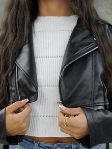 SAYEHFBABY Zip Up PU Crop Moto Jacket - Black - View 3